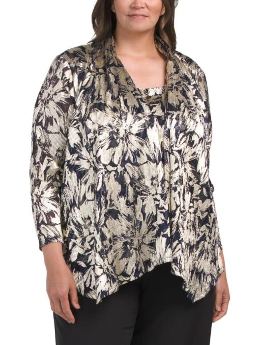 MARINA Plus Made In Usa Foil Twinset Top And Shrug
